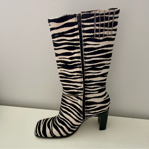Y2K Vintage Square Toe Zebra Print Leather Boots Heels Size 6.5 Bruno Valenti - Picture 4 of 9